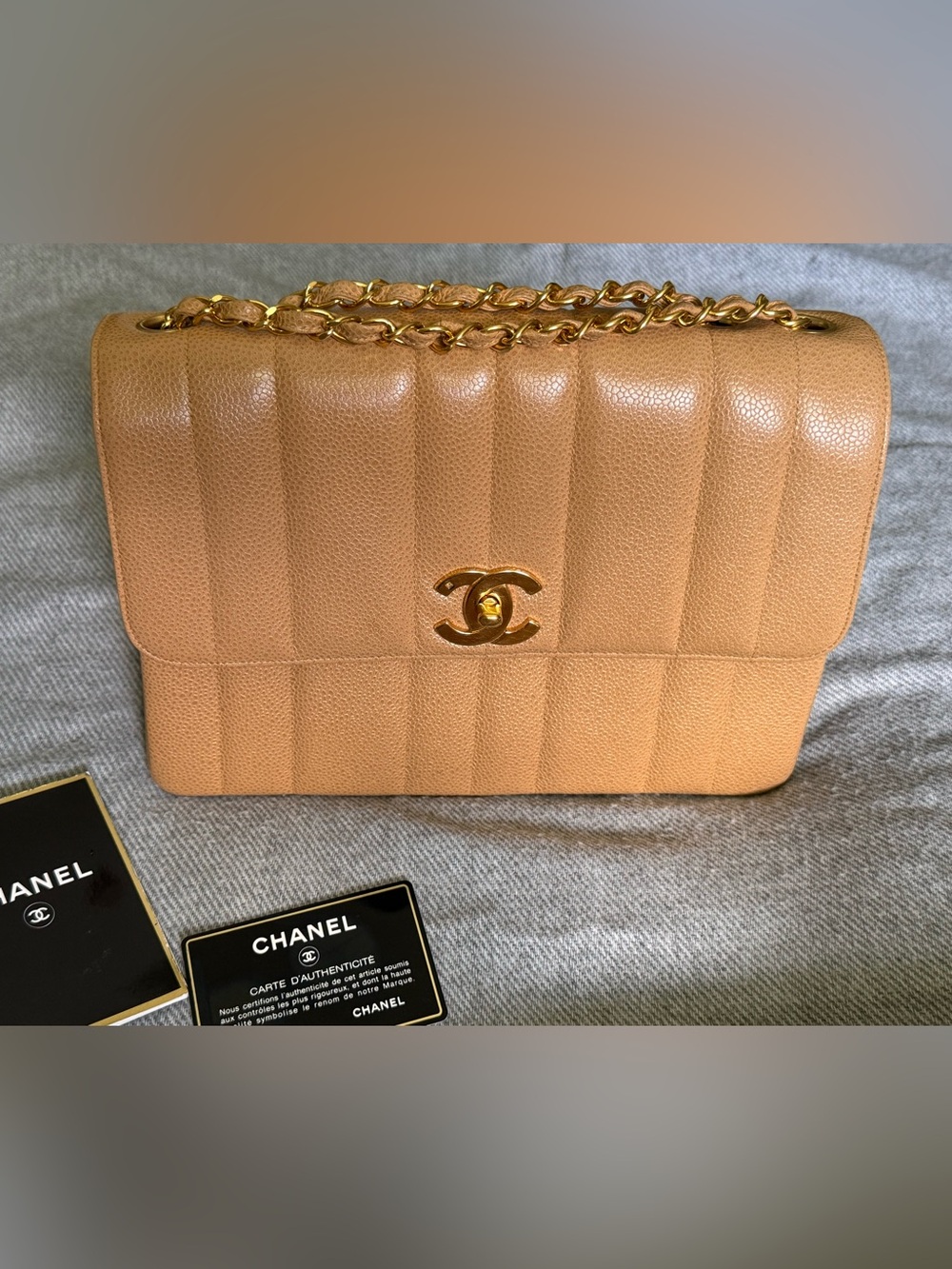 CHANEL Beige Vertical Quilted Bag with Gold Hardware